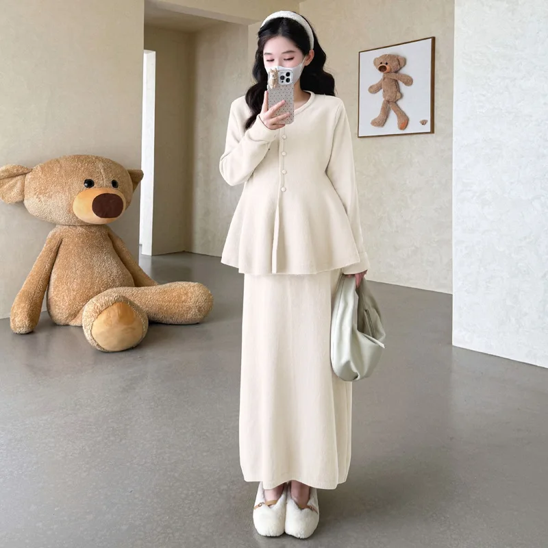 출산복 가을 겨울 빈티지 우아하고 부드러운 루즈핏 편안한 스웨터와 미디 스커트 투피스 세트 (임산부용)