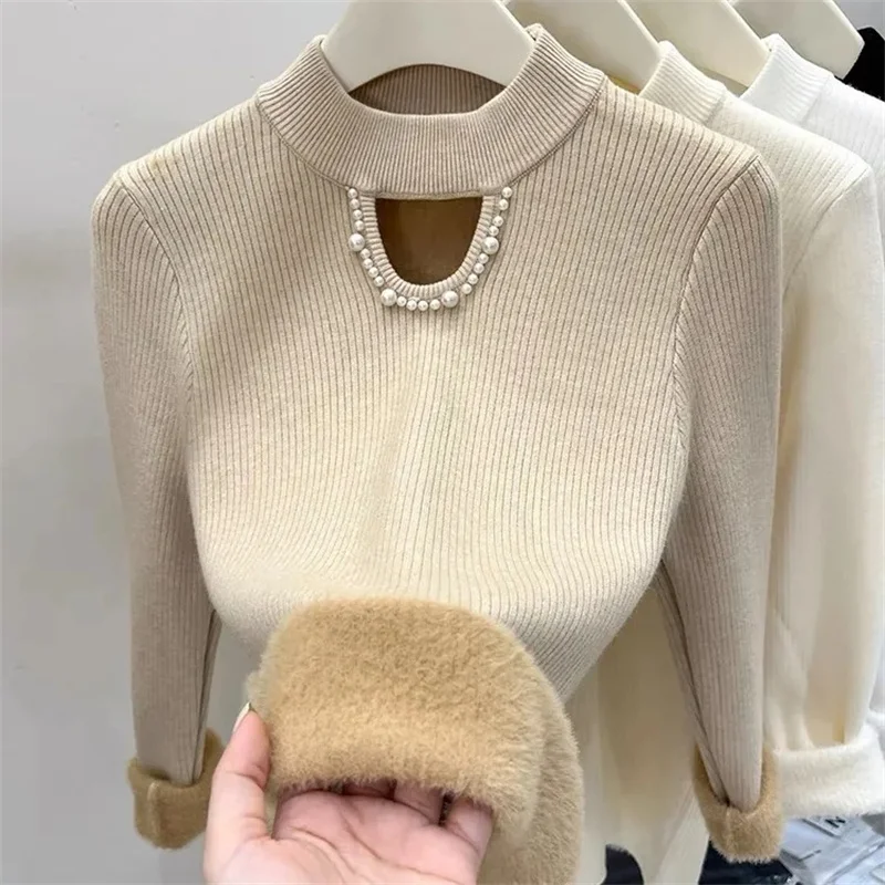 

Women Sweater 2024 New Autumn Winter Thicken Velvet Lined Warm Sweater O-neck Bottoming Shirt Long Sleeve Korean Knit Pullovers