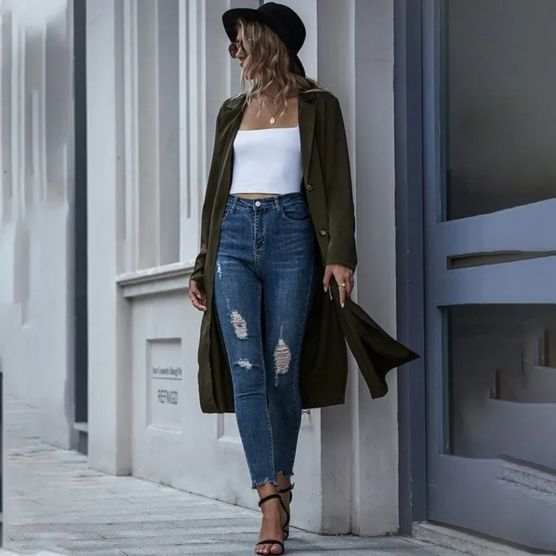 Women Solid Colors Windbreaker Style Blazer Single Breasted X-Long Suits Street Indie Fashion 2023 Office Commute Casual Blazers
