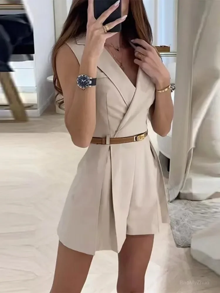 798190-2231b9.jpg 2024 Summer Elegant Women's Jumpsuit With Belt Fashion Sleeveless Turndown Collar Slim Short Jumpsuits Female Sping Lady Romper - Image 1