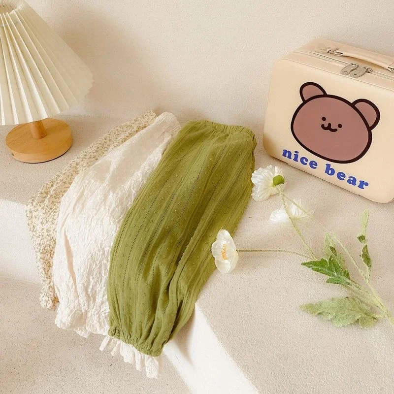 한국 꽃 녹색 순면 레이스 통기성 모기 퇴치 바지,  여아 느슨한 바지, 용수철 여름, 1-5 세