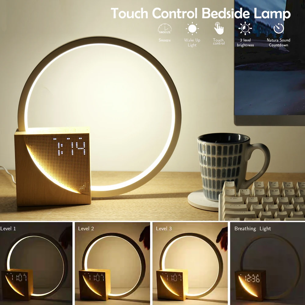 LED Night Light With Alarm Clock White Noise Natural Sound Timing Sleeping Light 3 Level Dimmable Touch Table Lamp For Bedroom 3