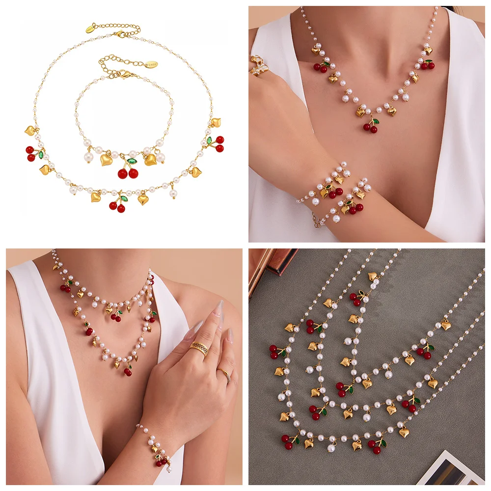 Rote Harz Kirsche Anhänger Halskette Halsband für Frauen 316 Edelstahl Imitation Perle Kette Herz Armband Luxus Schmuck Set – Detail 3