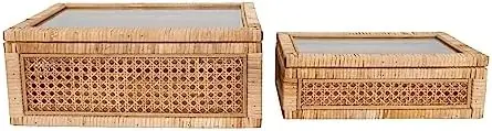 

Rattan Display Boxes with Glass Lids & Fir Wood Frame (Set of 2 Sizes)