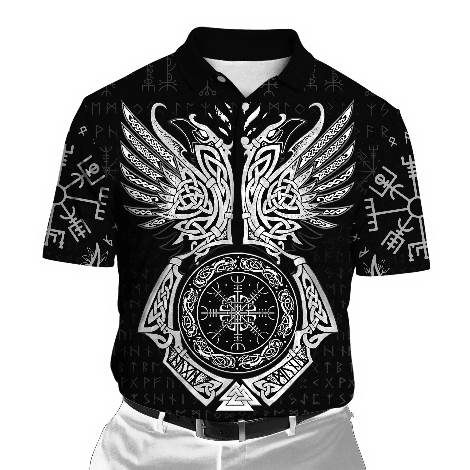 

PLstar Cosmos Raven Of Mjolnir Odin Tattoo Symbol 3D All Over Printed Men's Polo Shirts Casual lapel short sleeve shirt PLP05