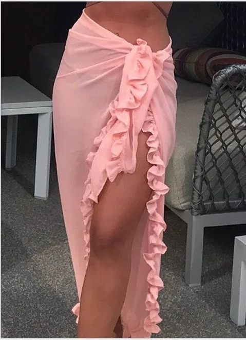 Swimsuit Cover Up Beach Dress Women Summer Ruffle Sarong Solid Bikini Long Skirt Swimming Sun Protection Monokini 5 Colors