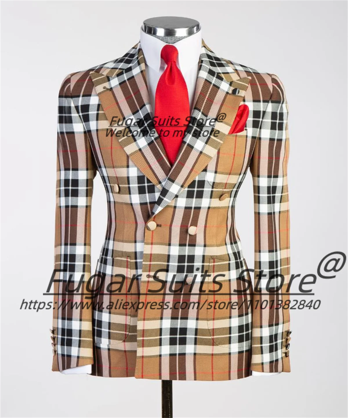 Italian Style Plaid Men Suits Business Male Blazers Slim Fit Double Breasted Groom Tuxedos 2 Pieces Sets Fashion Costume