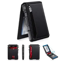Men's RFID Blocking Slim Leather Wallet with Pop-Up Magnetic Closure and Money Clip