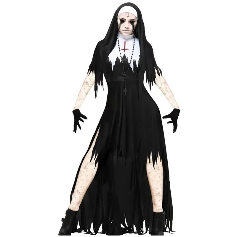 

Halloween Day of the Dead Bloody Demon Missionary Priest Nun Cross Costume Masquerade Religious Sister Vampire Cosplay Dress