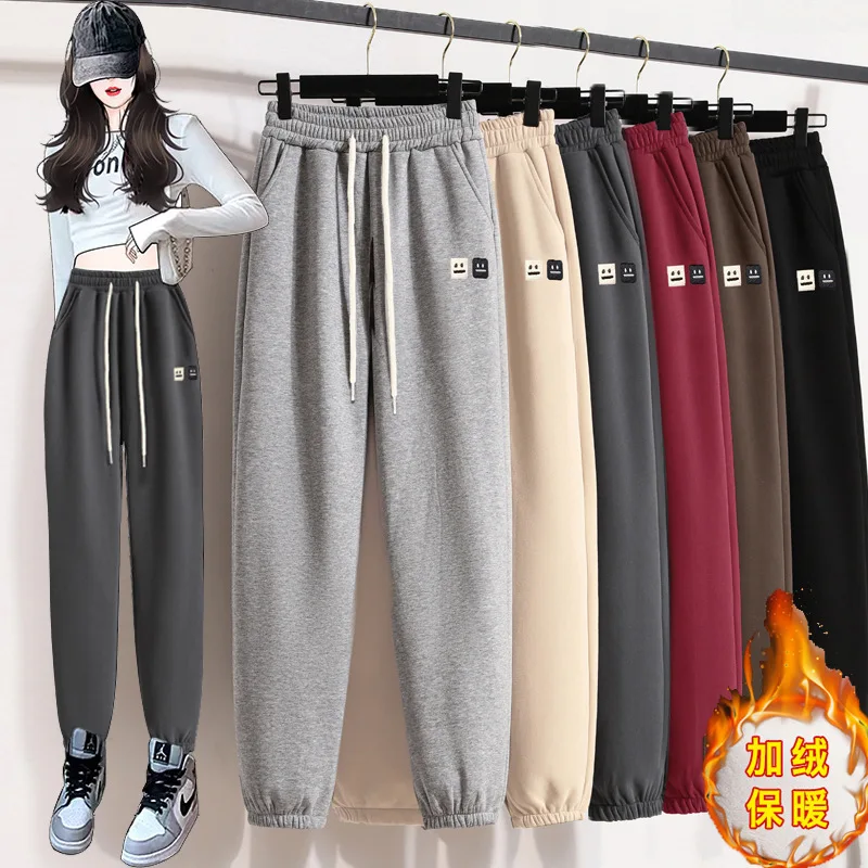 

Velvet and Thickening Pants for Women, Loose Streetwear, Smiley Face Embroidery, Bound Feet, Leisure Y2k Joggers, Autumn and Win