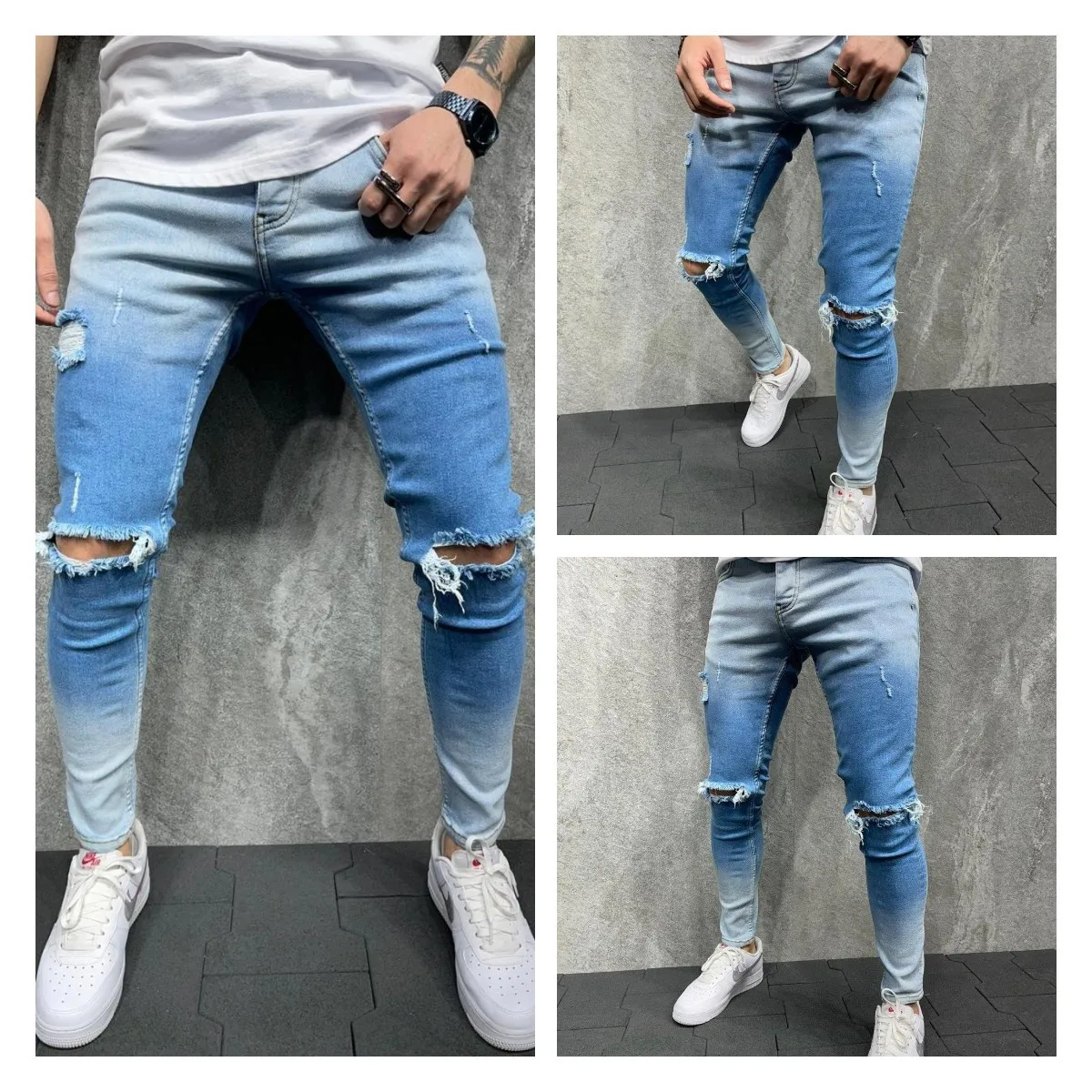 Джинсы мужские рваные в стиле хип-хоп зауженные брюки-карандаш из денима с