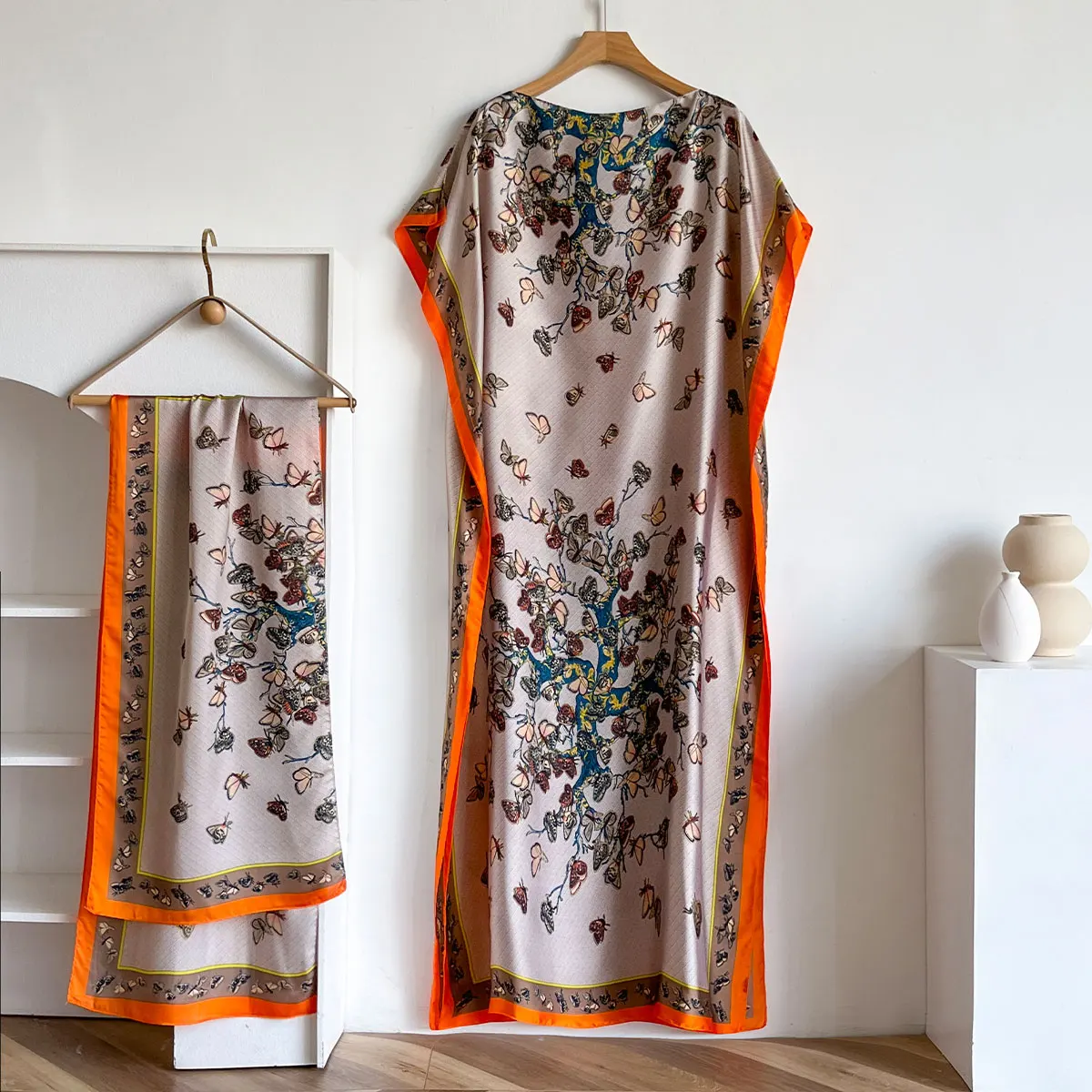 Spring and Summer Fashion Women Elegant Butterfly Printed Silk Muslim Lady Long Hijab Kaftan Dress Sun Protection Kuwait Abaya