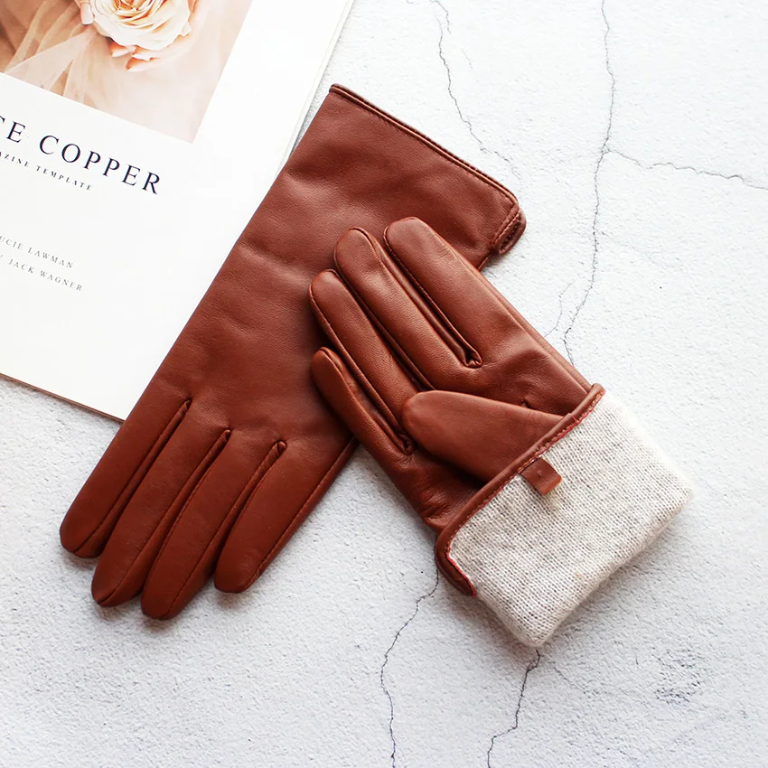 Women's Sheepskin Leather Gloves with Wool Lining - Fall/Winter Warmth for Motorcycle and Driving