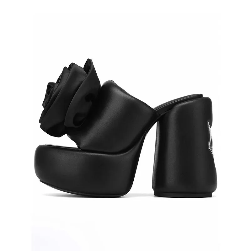 Summer New Round Head Thick Sole Thick Heel Bread Slippers with European and American Style Flower Super High Heel Slippers