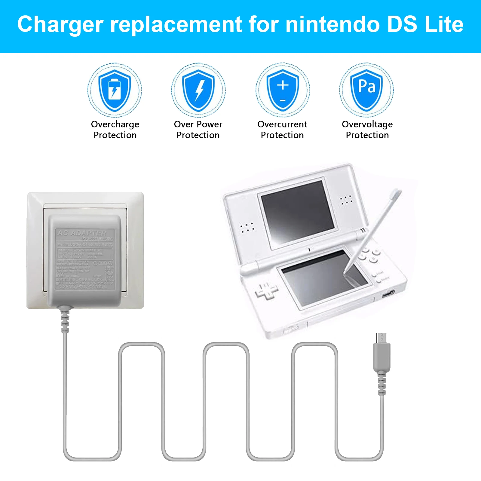 For Ndsl Charger, AC Power Supply Adapter Compatible with Nintendo Ndsl, Travel Wall Plug Adapter 4.8ft Cable(100-240v)