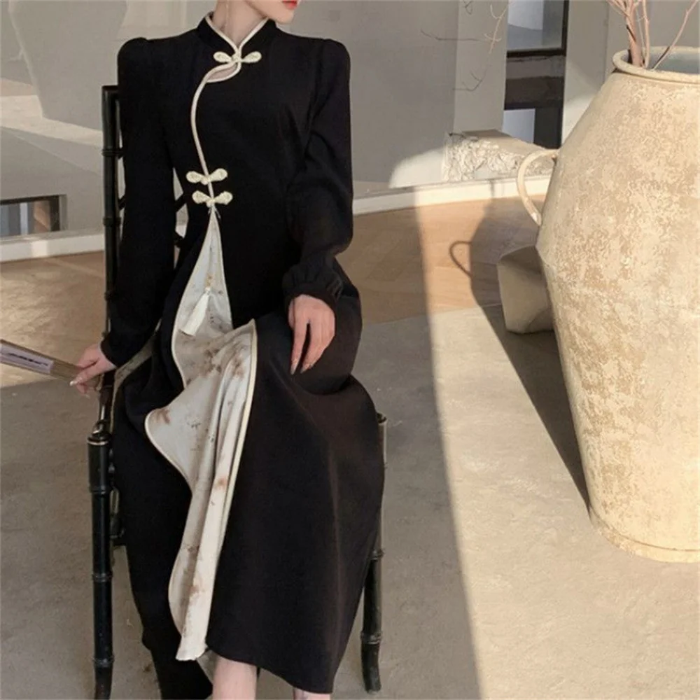 

Explosive Oriental ink new Chinese style retro Chinese style improved Qipao temperament jacquard long-sleeved waist dress