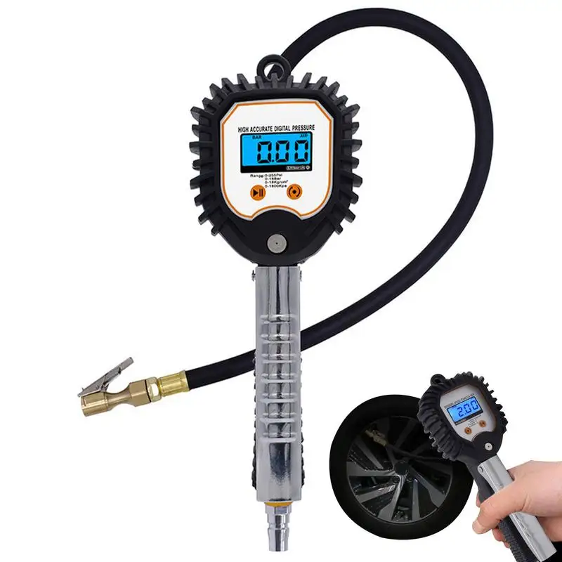 

Tire Pressure Gauge Heavy Duty 255 PSI Air Chuck Tire Inflator 4 Settings Tyre Accessories With Wide Backlit LCD Screen Air