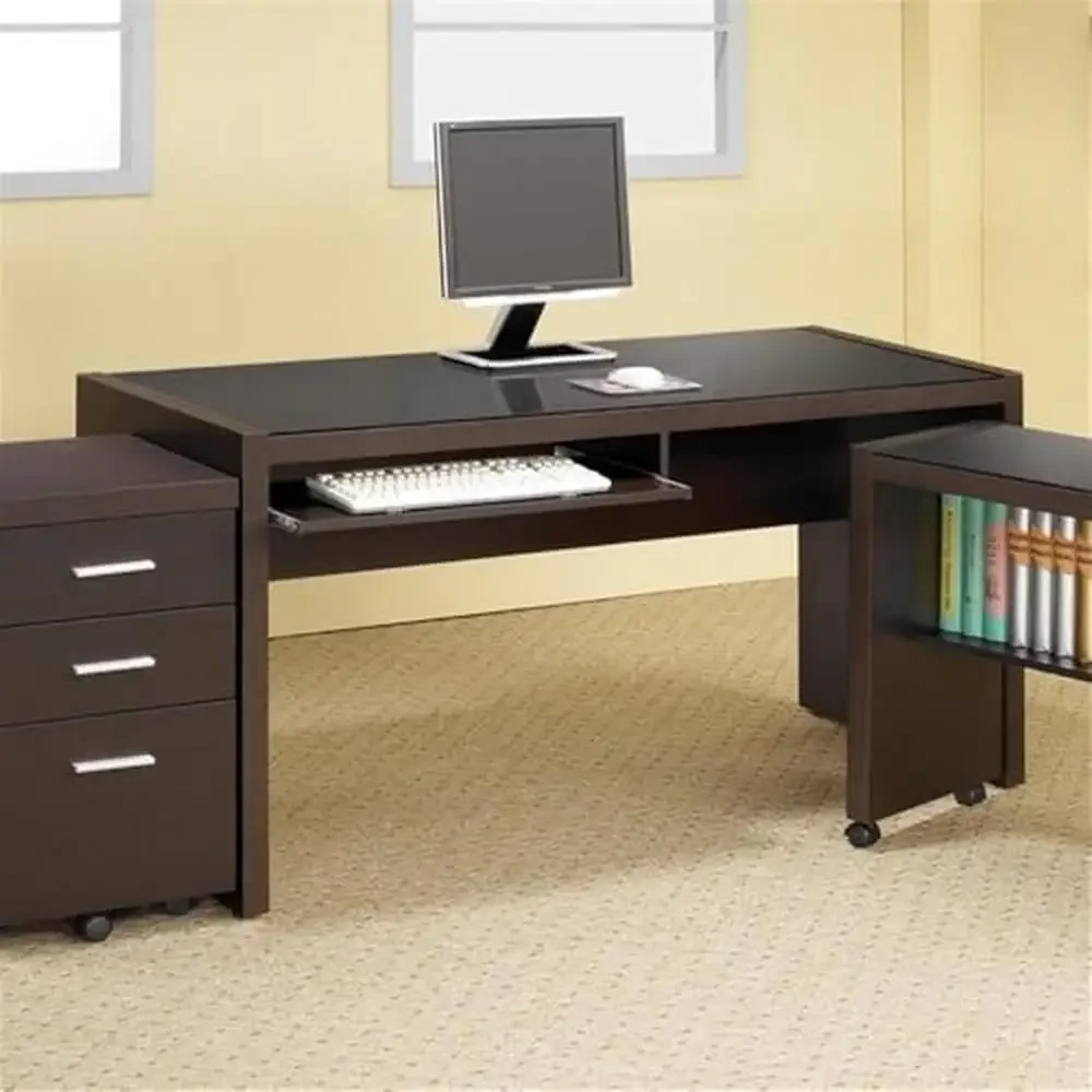 Adjustable Computer Desk & Chair Set Cappuccino Wood Desk & Gray/Chrome Chair Office Furniture Bundle Home Office Contemporary 6