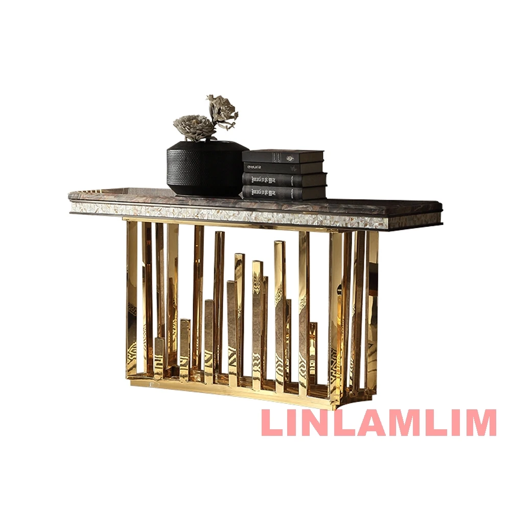 MINGDIBAO Dining Side Table with Sticking Seashells, Natural Marble Stainless Steel End Table, Handmade Coastal Style Furniture