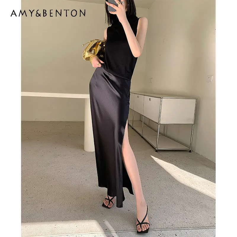 

Elegant Solid Color Acetate Satin Long Skirt for Women Summer 2023 New High Sense Temperament Split Straight Long Skirt