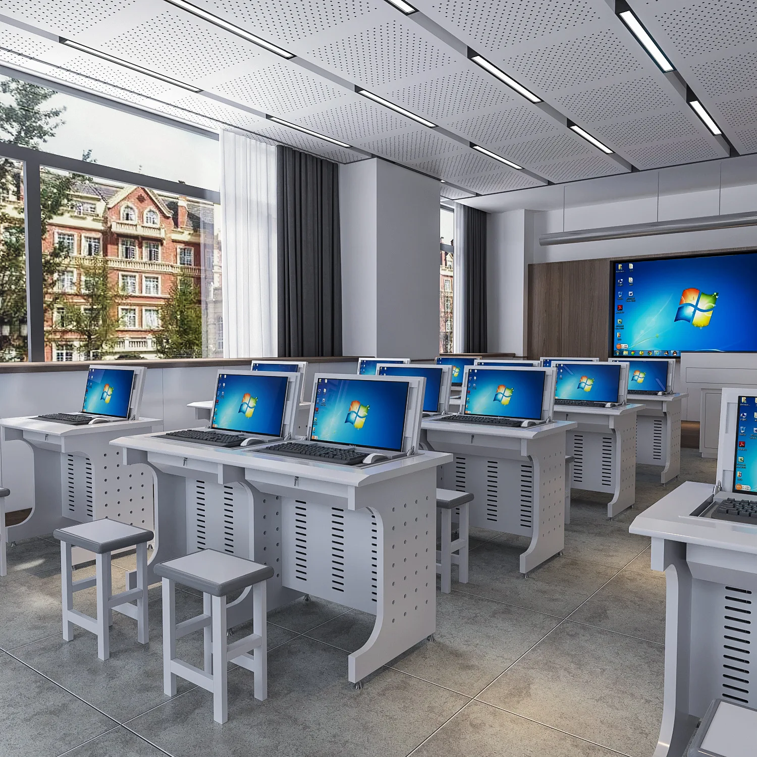 Flip computer desk display Hidden student desk School multimedia ...