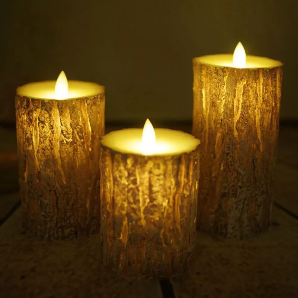 

Battery Operated Flameless Pillar Candles Pine Bark Effect Cycling 24 Hours Timer Electric Decorative Light Real Wax