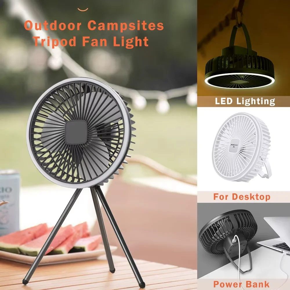 10000mAh 4000mAh Camping Fan Rechargeable Desktop Portable Circulator Wireless Ceiling Fan with Power Bank LED Lighting Tripod