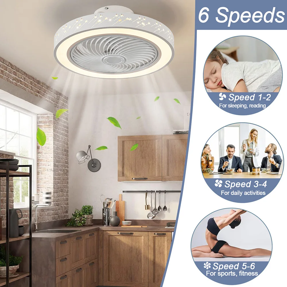 2 in 1 Modern Smart Ceiling Fan with Light Remote Control LED Dimmable 6 Speeds Timer Flush Mount Enclose Ceiling Fans Lamp 72W 2