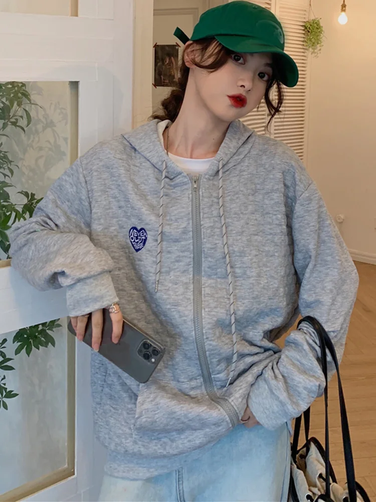 

Zip Up coats for Women Hoodies Vintage embroidery Long Sleeve Oversized Hooded Sweatshirt pocket cardigan jacket student clothes