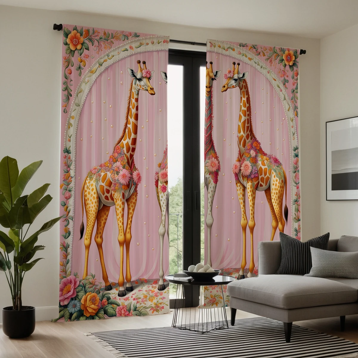 2 pieces of HD Girly powder flower decoration Giraffe decorative curtain Pink tie digital printed curtain Home Decoration style 4