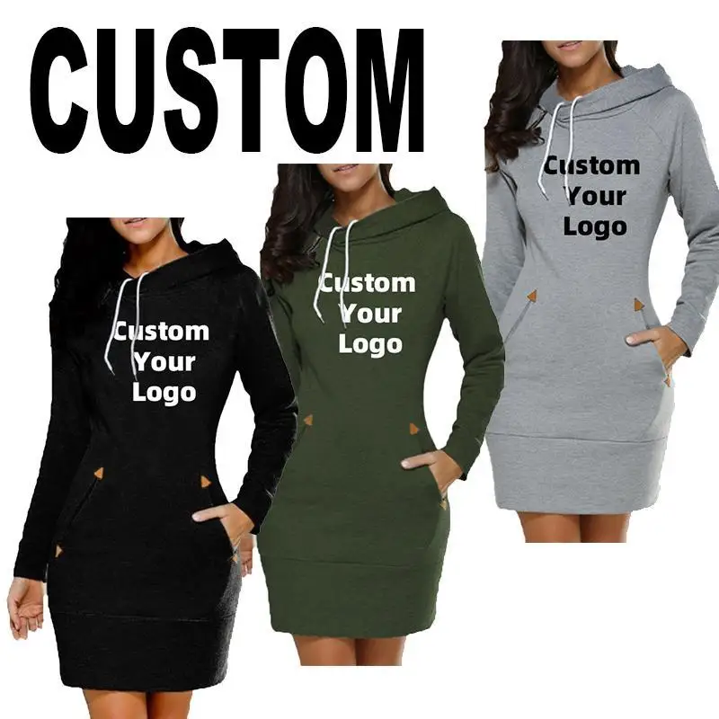 Custom Logo Spring Autumn Hooded Drawstring Women's Sweatshirt Dress Fashion Solid Pocket Package Hip Ladies Mini Dresses