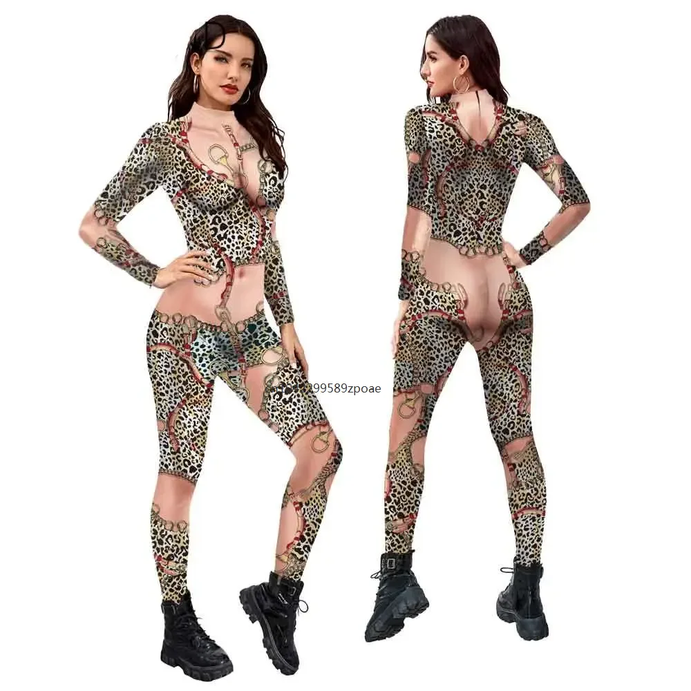 

Cosplay Costume Adult Women Catsuit Carnival Clothes Bodysuit Leopard 3D Print Female Jumpsuit Halloween Festival Party Garment