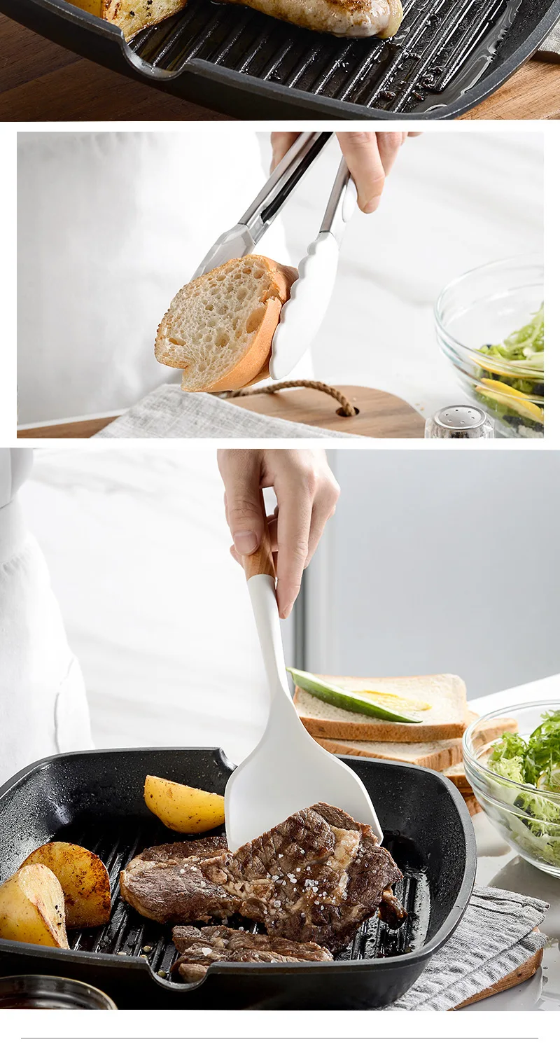 1pc silicone kitchenware set with short wooden handle, non stick pot, spoon,  spatula, food clip, scraper, oil brush creamy white - AliExpress
