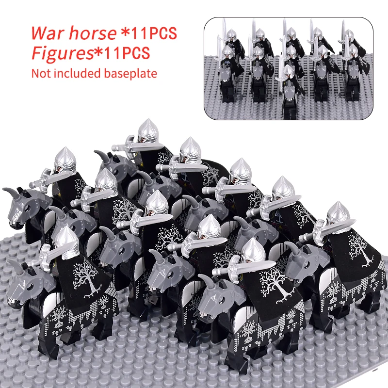 

MOC Medieval Gondor Knights lotr Figures Set Warrior Armored Soldiers War Horse Army Weapons Shield Sword Helmet Bricks Toys