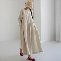 Spring Summer 2024 Plus Size Loose Fit Cotton Linen Dress Elegant Round Neck Long Dress Women's Pullover Trendy