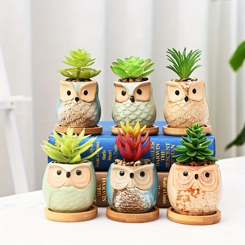 6pcs-japanese-and-korean-owl-meat-flower-pot-ceramic-home-green-potted-table-gardening-small-meat-flower-pot