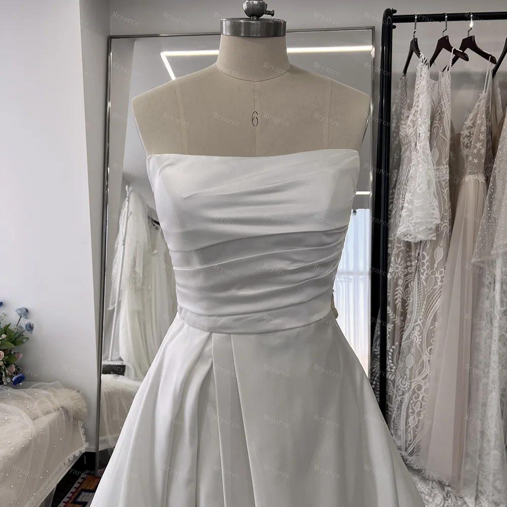 Mryarce 2024 Simple Classic Wedding Dresses With Slit Strapless Luxury Satin A Line Bridal Gowns With Pockets 5