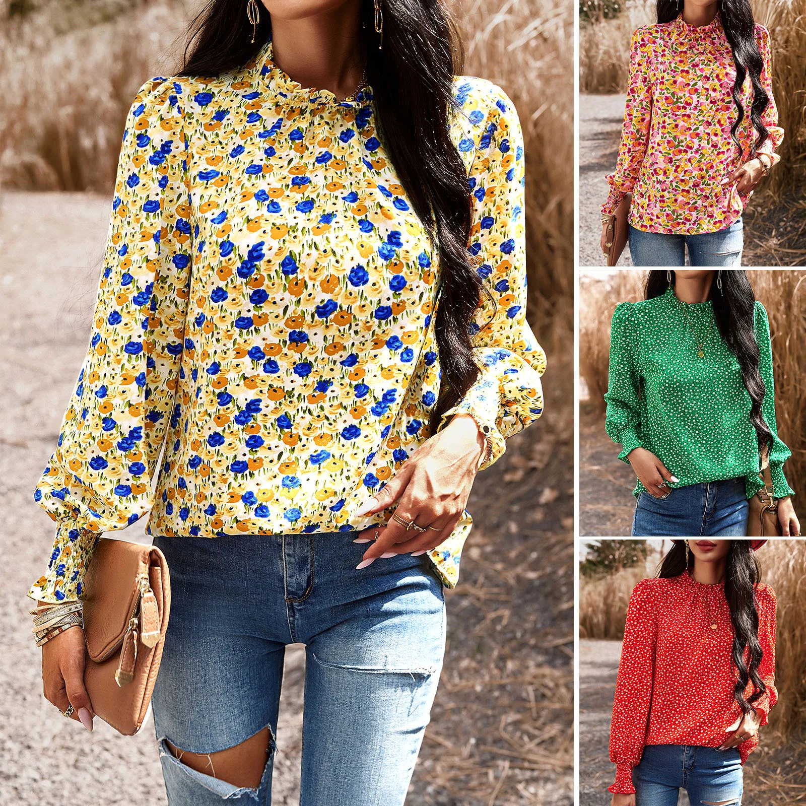 

Women's Autumn and Winter Temperament Commuter Lantern Sleeve Printed Long Sleeve Top