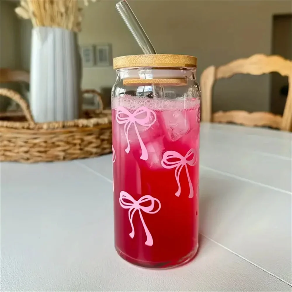 500ml/16.9oz Cherry Bow Glass Tumbler Mason Jar Shaped Water Bottle with Lid and Straw for Iced Coffee Juice Drinking Cup Gift