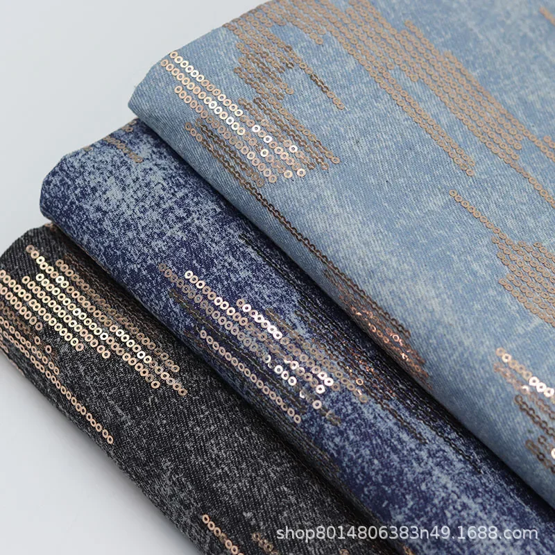 Washed Denim Fabric Embroidered Champagne Bead Dress Clothing Material for Dresses Coats Pants Children's Accessories And Baby C