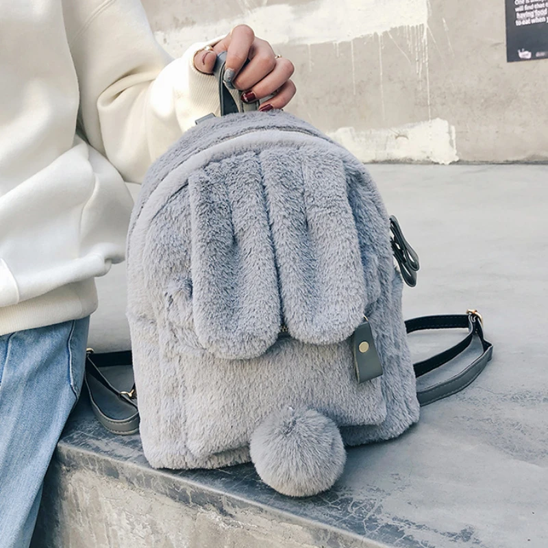 Cute Fluffy Rabbit Kids School Backpack Winter