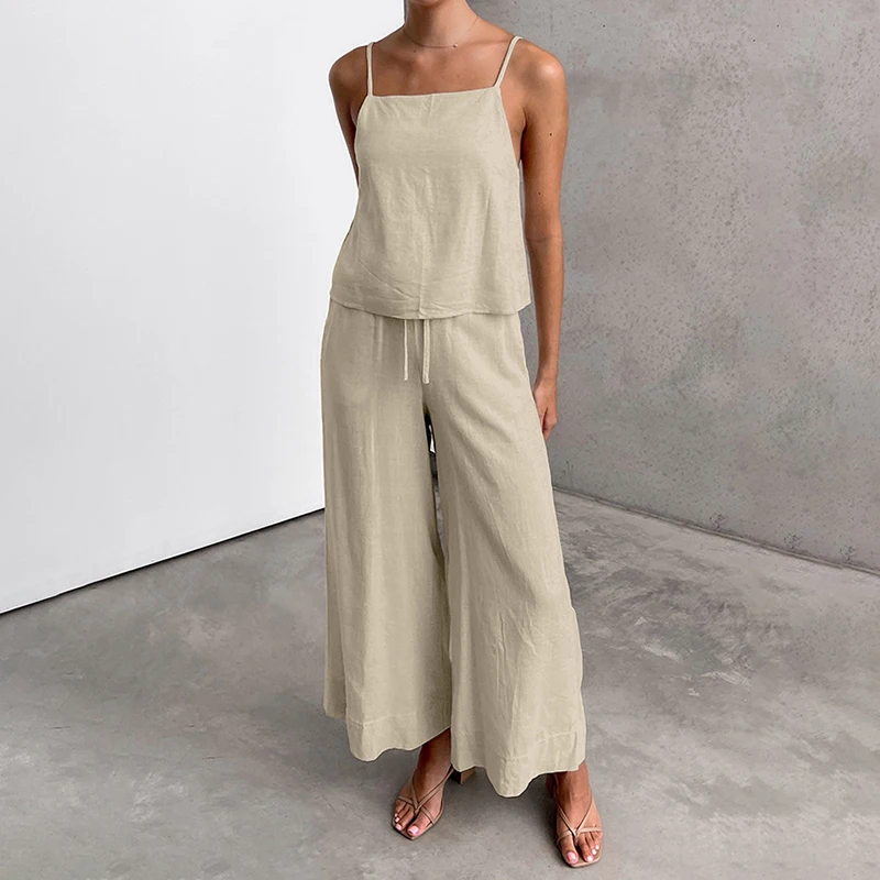 Summer Cool Cotton Linen Solid Suspender Tops Pants Pajamas Two-Piece Sets Fashion Loose Casual Comfortable Women Home Sleepwear