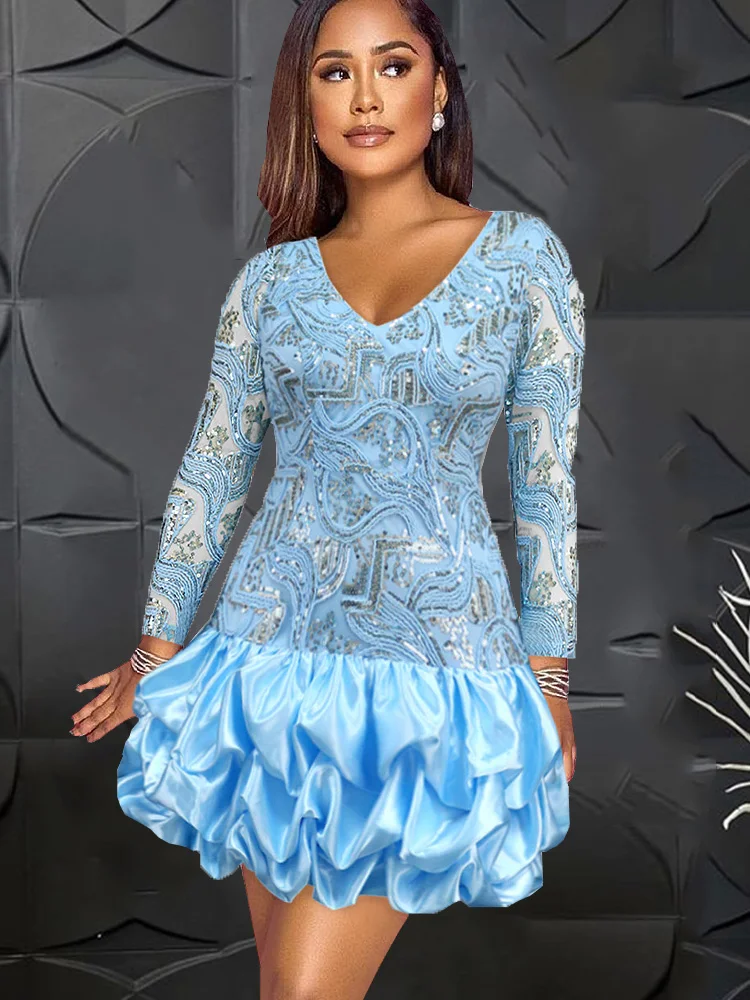 

Blue Luxury Sequined Dresses for Women V Neck Long See Through Glitter Sleeve Empire Bodycon Embroidery Evening Party Gowns