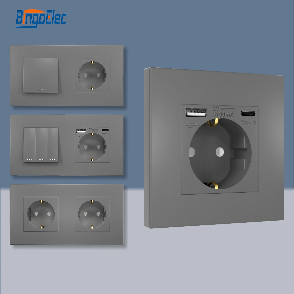 Interruptor de Luz Bingoelec com Tomadas de Parede ue Início Interruptores de Parede Gangue Gangue Gangue 1way Painel de Moldura de Plástico Carga Usb