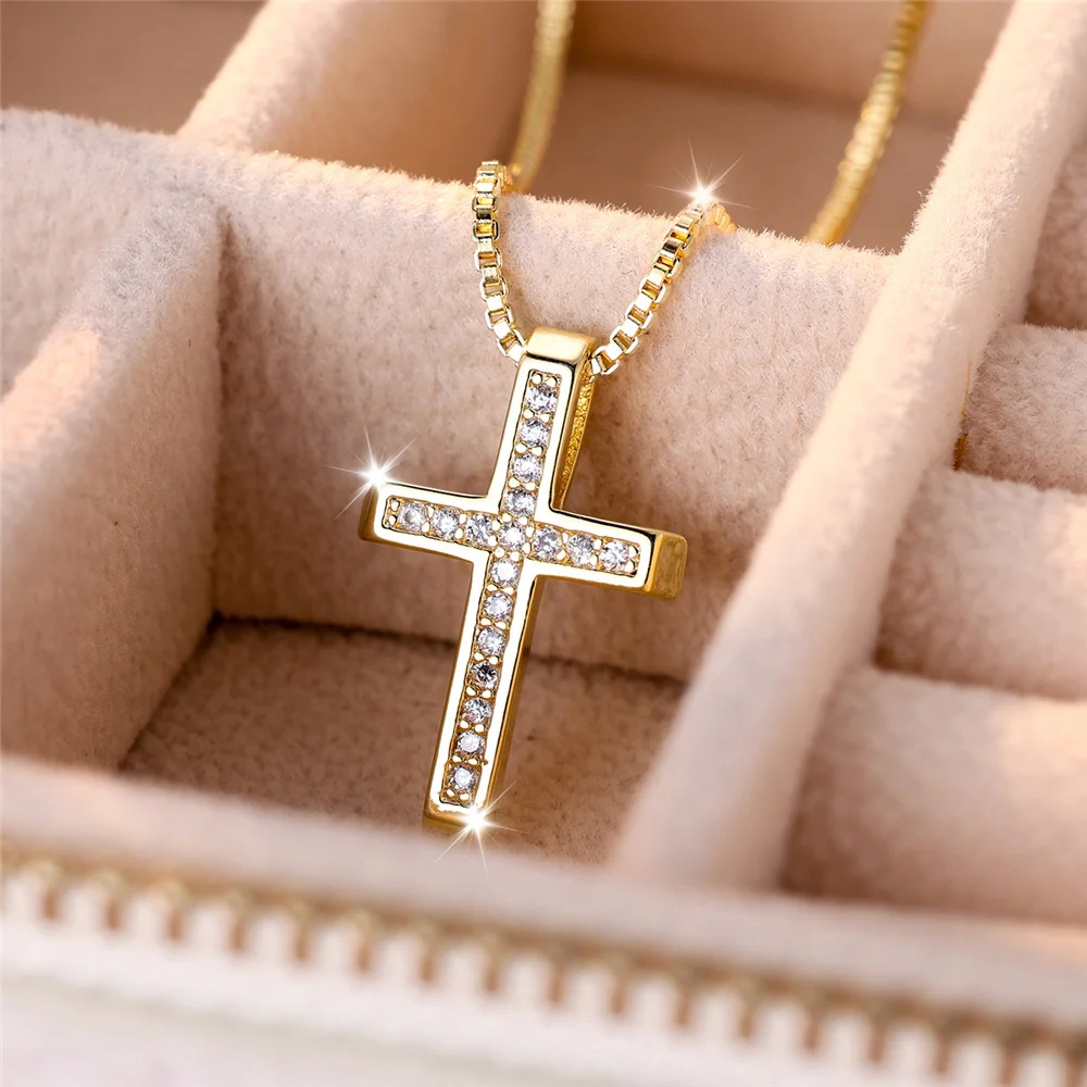 Luxury Female Crystal White Zircon Stone Cross Pendant Necklace Vintage Yellow Gold Color Wedding Jewelry For Women