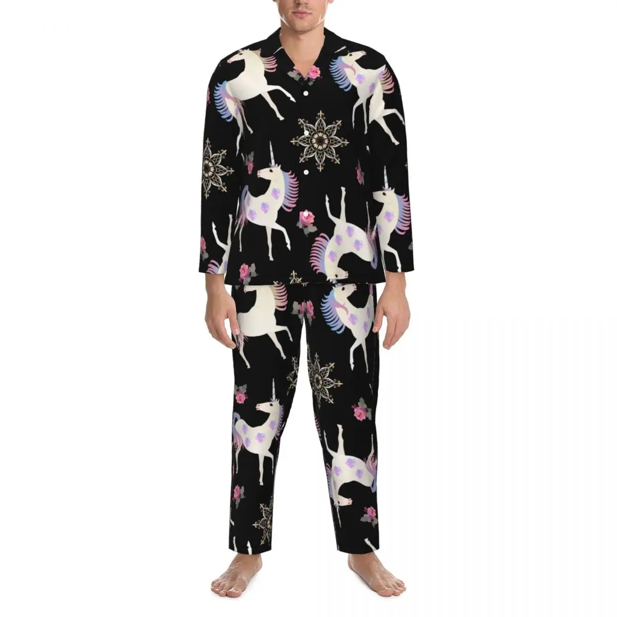 

Cute Unicorn Pajamas Male Pink Floral Print Lovely Night Sleepwear Autumn 2 Pieces Casual Oversized Design Pajama Sets