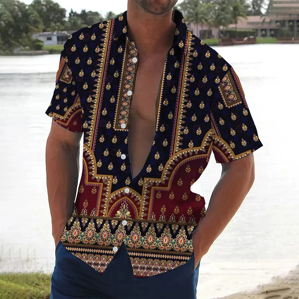 thumbnail image 1 of Camisa de manga corta con cuello abatible y botones para hombre, informal, cómoda, transpirable, con estampado 3D de rayas de playa para vacaciones, 1 of 5