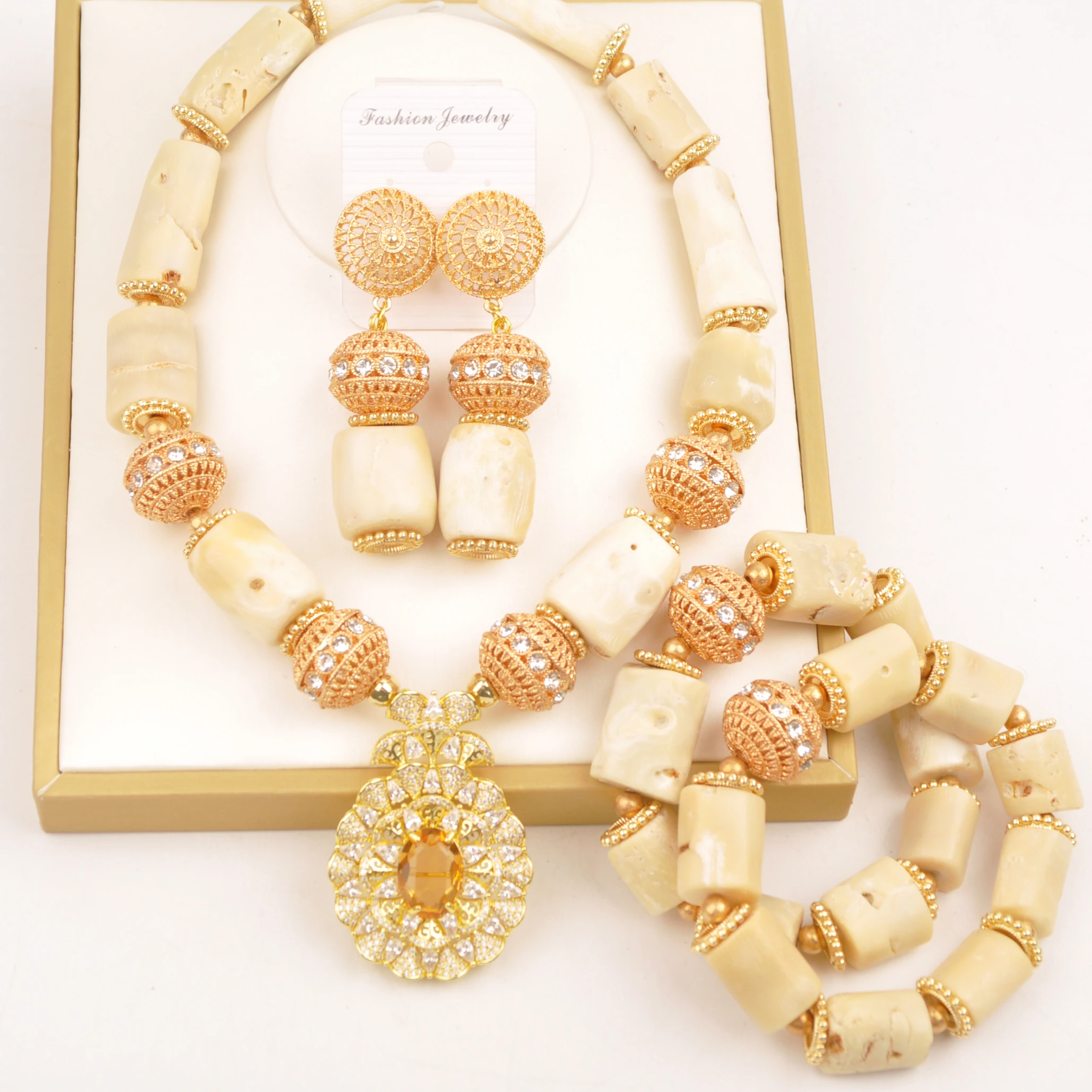 

Nigerian Wedding African Beads White Natural Coral Necklace Jewelry Set for Women