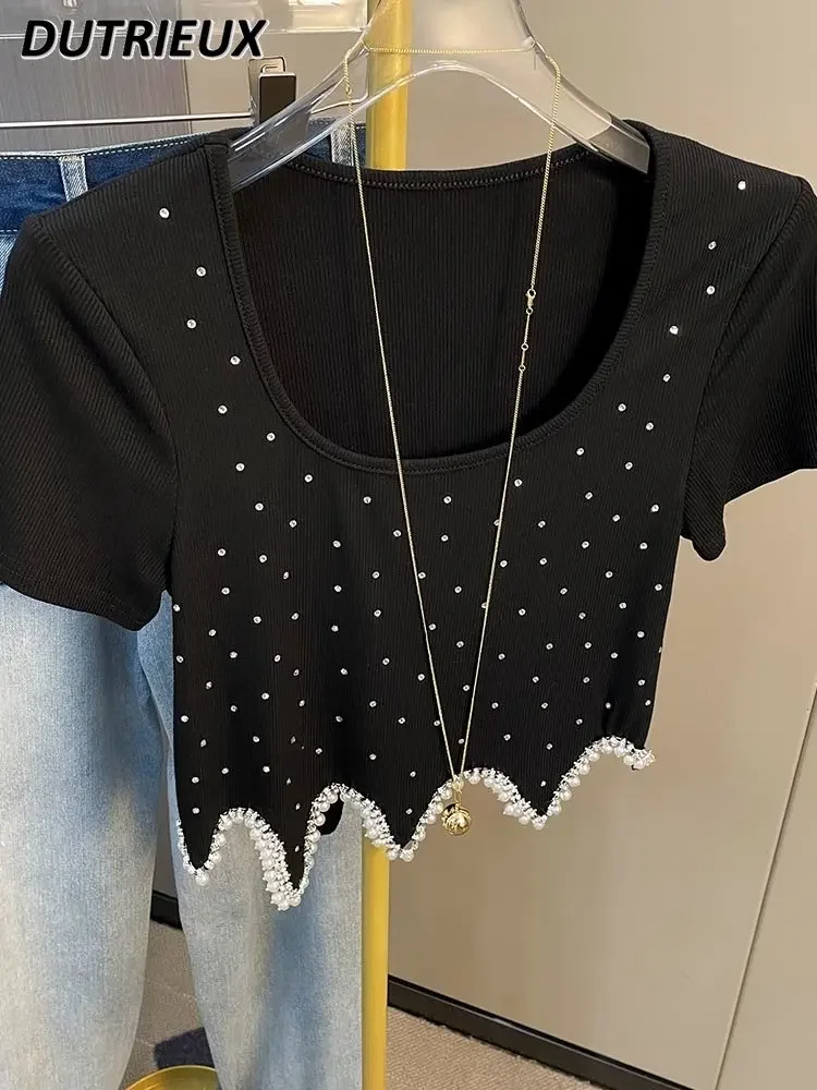 

Irregular Wavy Edge Heavy Industry Beads Hot Rhinestone Cropped Square Collar Short Sleeve T-shirt Women's Trendy Summer Tops