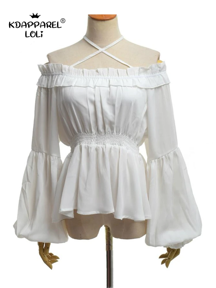 Vintage Female Gothic Lolita Blouse High Waist Long Sleeve Boat Neck Flounce Chiffon Shirt Elegant Undershirt Lolita Blouse 8446